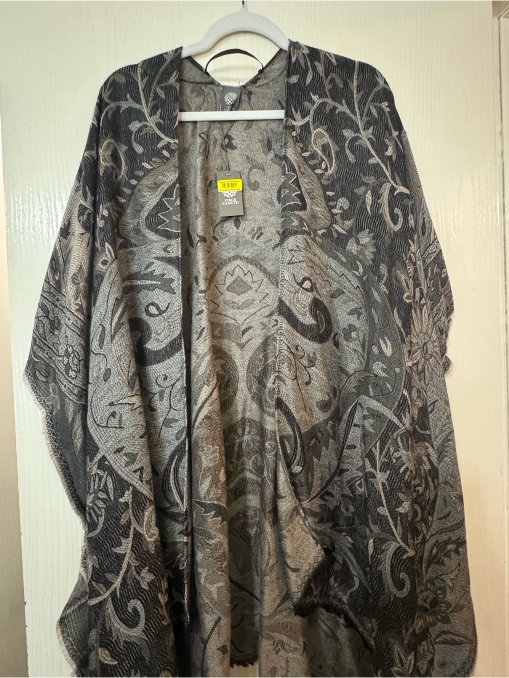 Vince Camuto Gray and Black Paisley Open Front Shawl